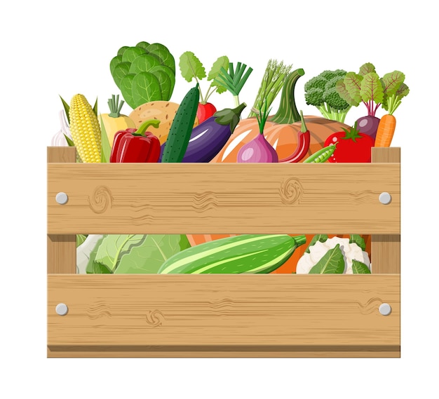 Vector caja de madera llena de verduras.