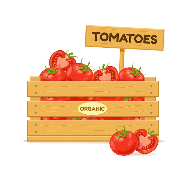 Caja de madera con tomates y un letrero Icono de caja de verduras Ilustración vectorial aislada