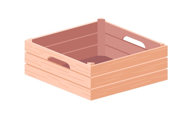 Caja de madera vacía con asas. Caja de granja de tablones de madera para frutas y verduras. Contenedor abierto para comestibles y cosecha. Ilustración de vector plano coloreado de carpintería aislado sobre fondo blanco.