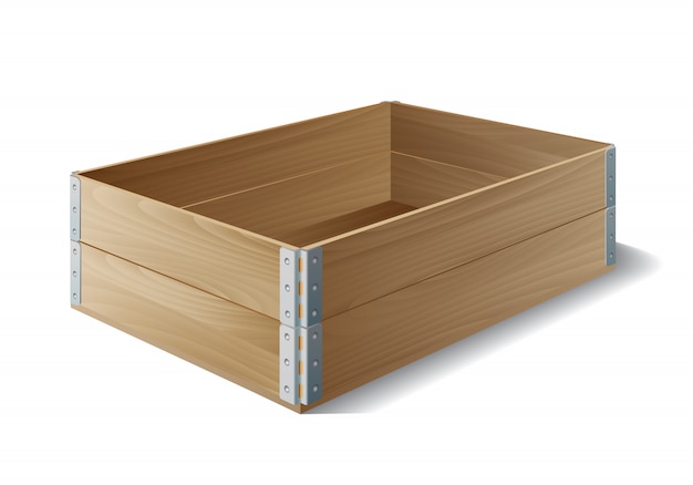 Vector caja de madera vacía en blanco.