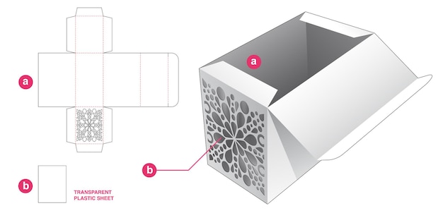 Caja y mandala estarcida con plantilla troquelada de lámina de plástico transparente y maqueta 3d