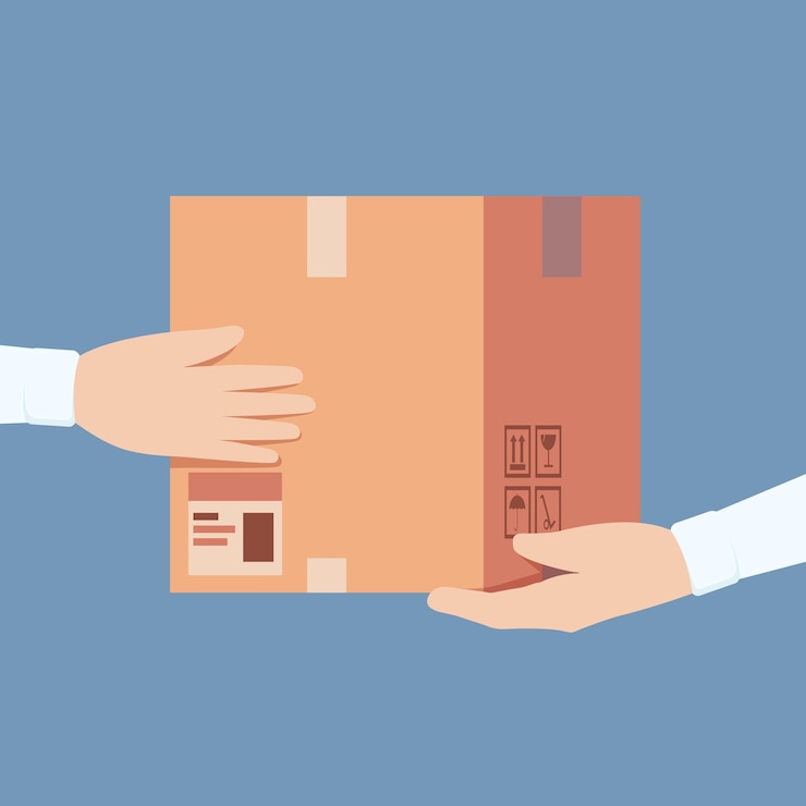 Vector caja en manos. envío de paquetes de contenedores de entrega en la mano símbolos postales concepto de vector chillón. entrega de caja, mensajería con ilustración de paquete de correo de caja