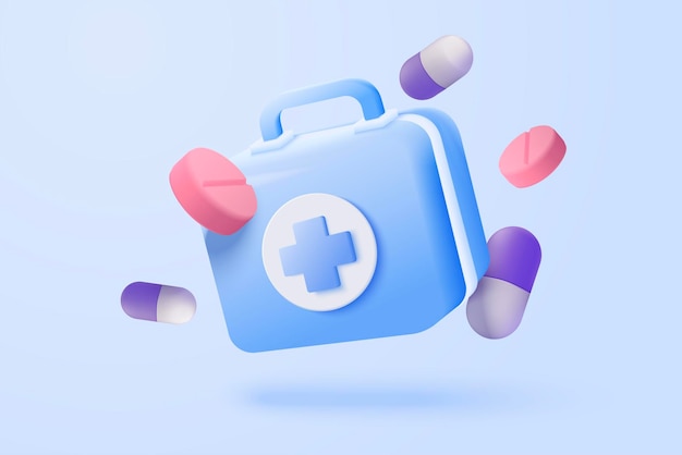 Caja de medicamentos de primeros auxilios 3D con icono más Equipo médico de vacunación paquete de emergencia hospital o ambulancia bolsa de seguridad farmacia médica medicamento icono de curación 3D vector render ilustración
