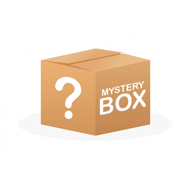 Caja misteriosa. Embalaje para diseño conceptual. Sorpresa presente. Diseño del paquete. Símbolo de ayuda Icono de signo de interrogación ilustración de stock