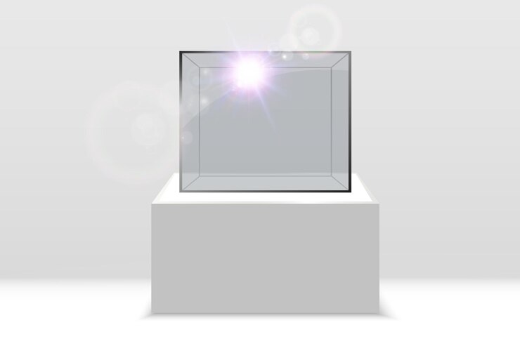 Vector caja o contenedor de vidrio realista en un soporte blanco. ilustración de vector.