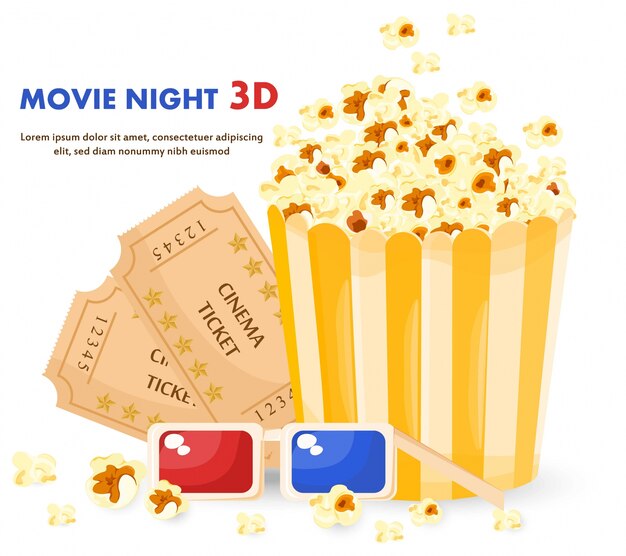 Caja de palomitas, gafas 3d y entradas para la noche de cine