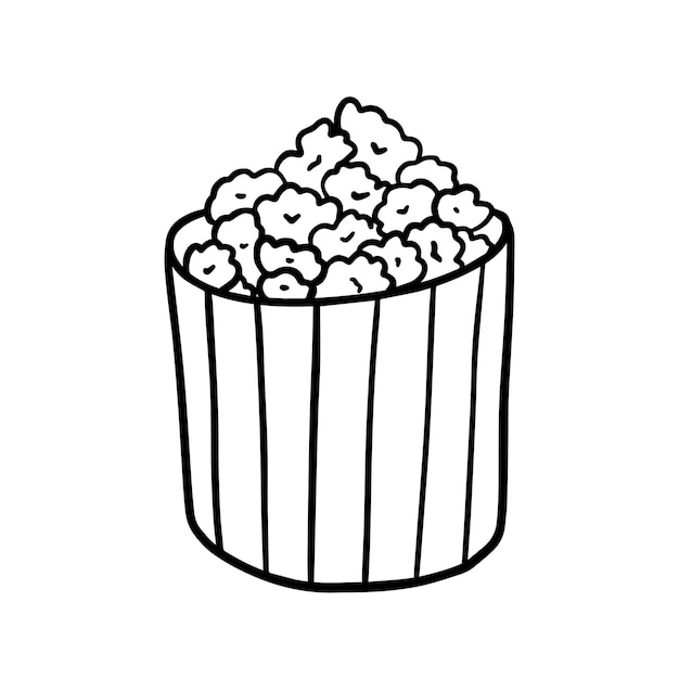 Caja con palomitas de maíz comida rápida chatarra comida dulce doodle dibujos animados lineales para colorear