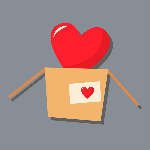 Vector una caja de papel abierta con un corazón dentro. dia del amor día de san valentín. una tarjeta de felicitación con una declaración de amor. una imagen vectorial plana sobre un fondo gris.