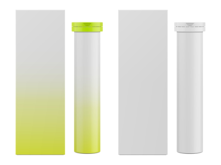 Vector caja de papel rectangular en blanco y envases para vitaminas