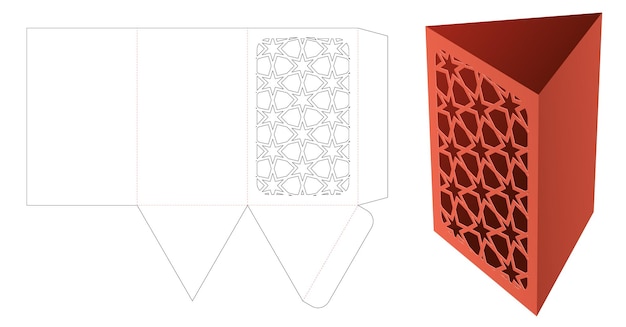 Caja de papelería de forma triangular con plantilla troquelada con patrón estampado y maqueta 3D