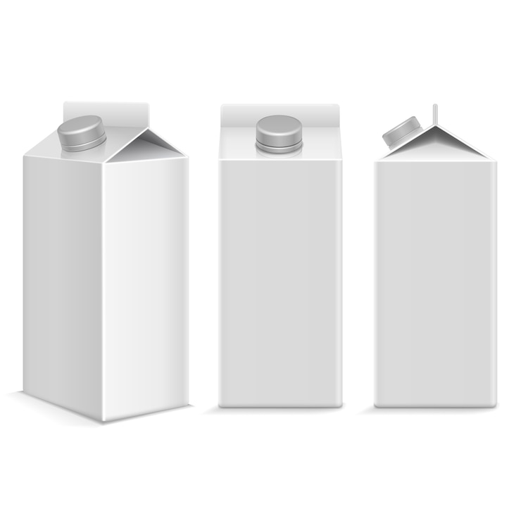 Vector caja de paquete de cartón blanco de leche y jugo
