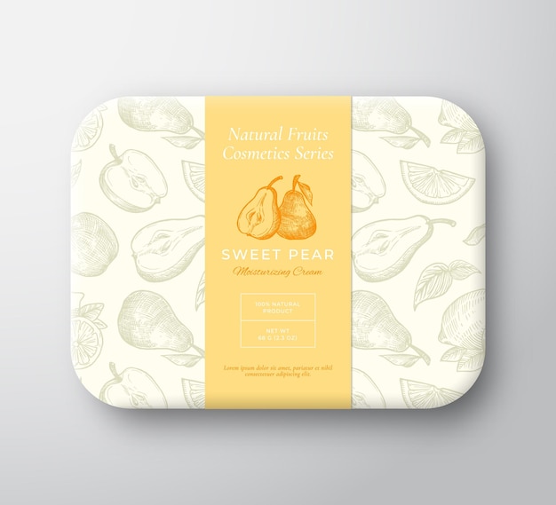 Vector caja de paquete de cosméticos de baño de pera envase de papel envuelto vectorial abstracto con tapa de etiqueta diseño de empaque tipografía moderna y diseño de patrón de fondo de frutas dibujadas a mano