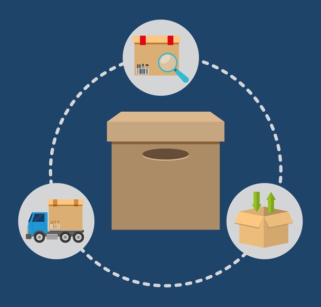 Caja paquete lupe camión entrega envío icono