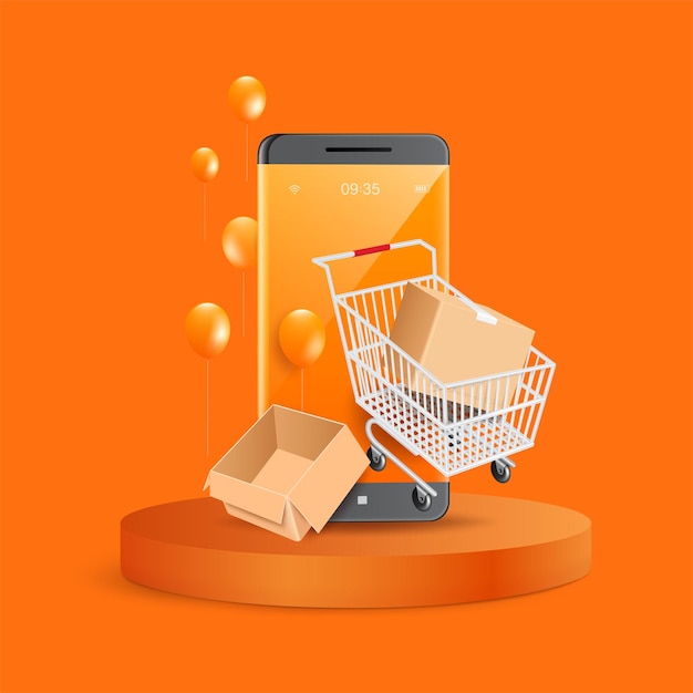 La caja de paquetes en el carrito de compras flota en la pantalla del teléfono inteligente y la caja está vacía al lado y todos se colocan en un podio redondo y los globos flotan alrededor del vector de área 3d para compras en línea