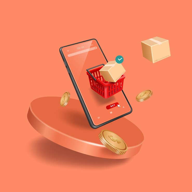 Vector la caja de paquetes flotó desde la cesta de la compra frente al teléfono inteligente y todo flotando en un podio redondo para la entrega y el diseño del concepto de compras en línea vector 3d aislado en un fondo de color naranja pastel