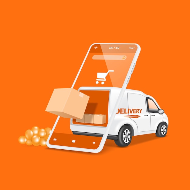 La caja de paquetes salió flotando del teléfono inteligente con pantalla transparente y en la parte de atrás hay un camión de carga estacionado abierto en backvector 3d aislado en fondo naranja para compras en línea y concepto de entrega