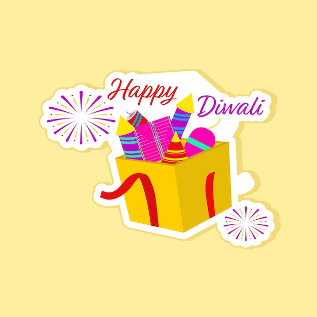 Caja de petardo abierta estilo pegatina sobre fondo amarillo para la celebración de Happy Diwali
