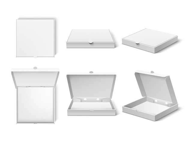 Caja de pizza realista Maqueta de embalaje en blanco diferentes ángulos de cámara abiertas y variantes de armario paquete de cartón de entrega de comida rápida Conjunto vectorial