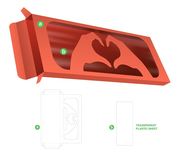 Caja con plantilla troquelada de ventana de corazón de mano y maqueta 3d