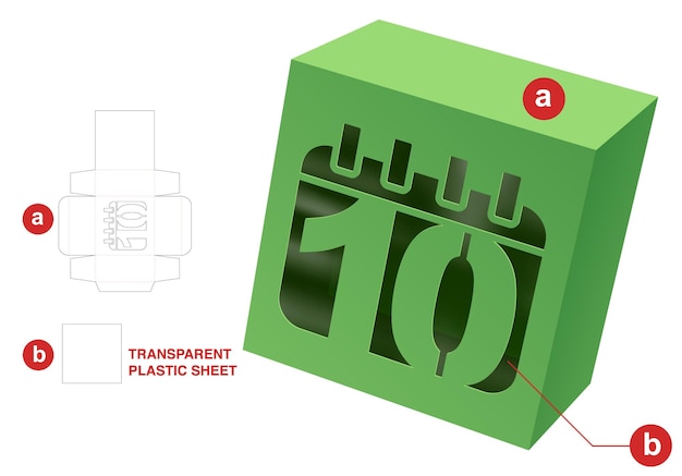 Caja con plantilla troquelada de ventana de fecha y maqueta 3d