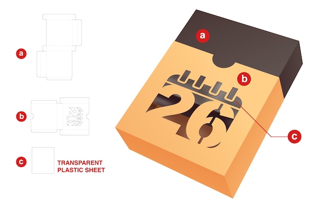 Vector caja con plantilla troquelada de ventana de fecha y maqueta 3d