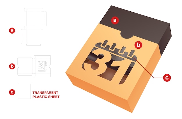 Vector caja con plantilla troquelada de ventana de fecha y maqueta 3d