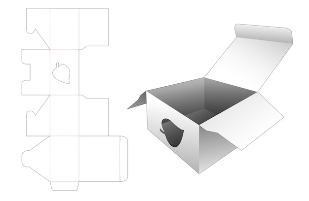 Caja con plantilla troquelada ventana en forma de hoja