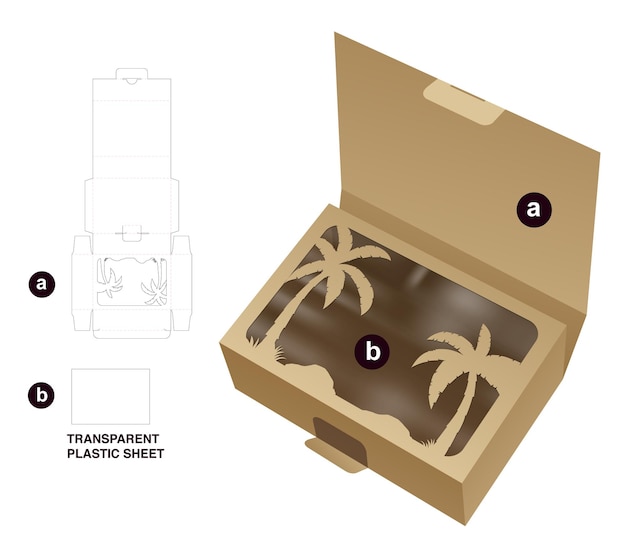 Caja con plantilla troquelada de ventana de palma estarcida y maqueta 3d