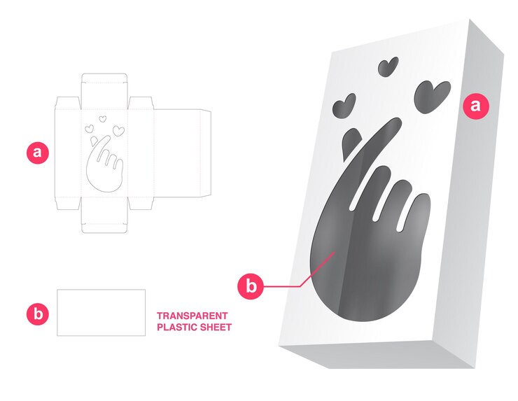 Vector caja con plantilla de troquelado de ventana de mini corazón de mano y maqueta 3d