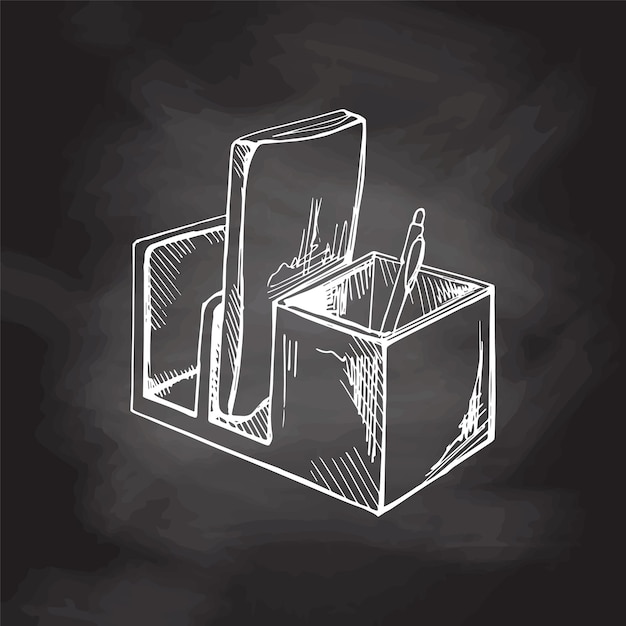 Caja de plástico de estilo retro detallada con papelería y herramientas de dibujo boceto sobre fondo de pizarra