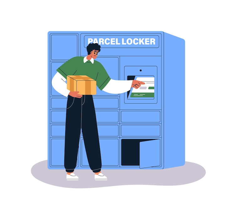 Vector caja de recogida de personas en un casillero de paquetes de autoservicio máquina de entrega postal con armarios de almacenamiento de paquetes y pantalla terminal de pedidos postales ilustración vectorial gráfica plana aislada sobre fondo blanco