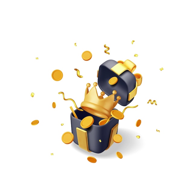 Caja de regalo 3D con corona dorada y confeti aislado Render Confeti de oro alrededor de la corona en caja de regalo Símbolo para VIP Rich Winner Luxury Premium Clasificación de éxito o estado Ilustración vectorial realista