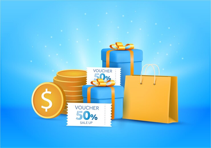 Caja de regalo 3d con cupones cupón monedas y concepto de carro de bolsa Cajas de regalo bolsas de compras