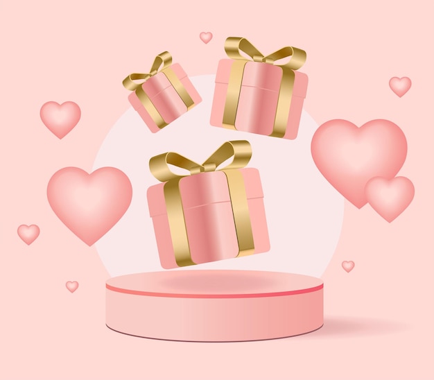 Caja de regalo 3d envuelta en cinta dorada con corazones rosas