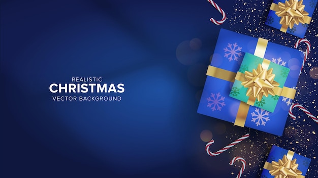 Vector caja de regalo 3d de navidad flatlay realista sobre fondo azul vector premium