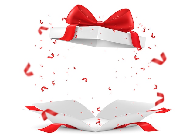 Vector caja de regalo abierta en blanco con cinta roja y lazo aislado en un fondo blanco ilustración de vector 3d realista