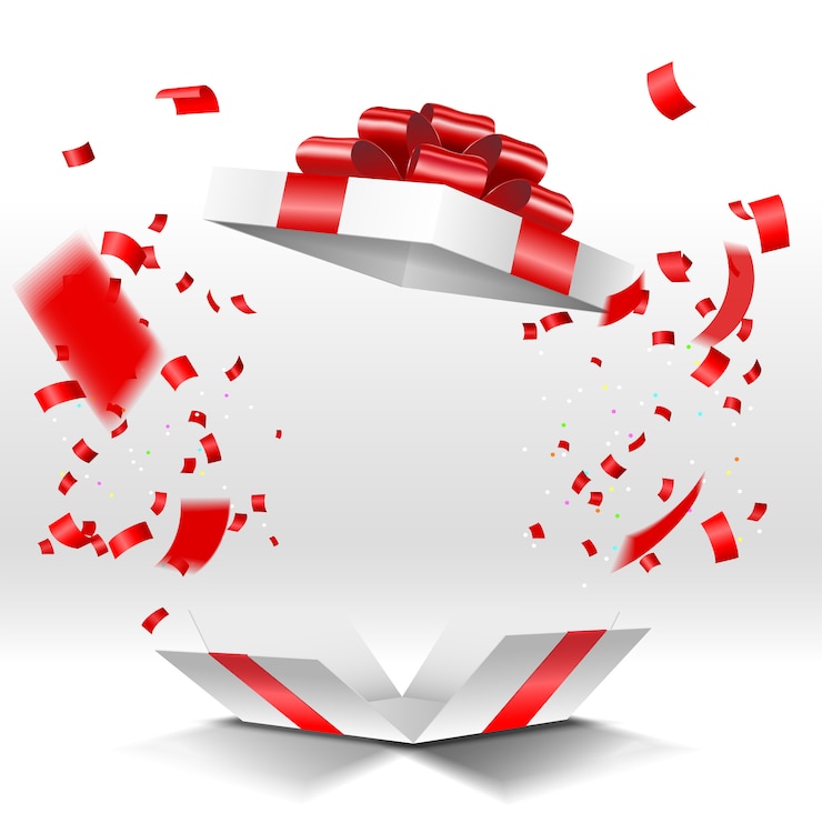Vector caja de regalo abierta con confeti aislado sobre fondo blanco.