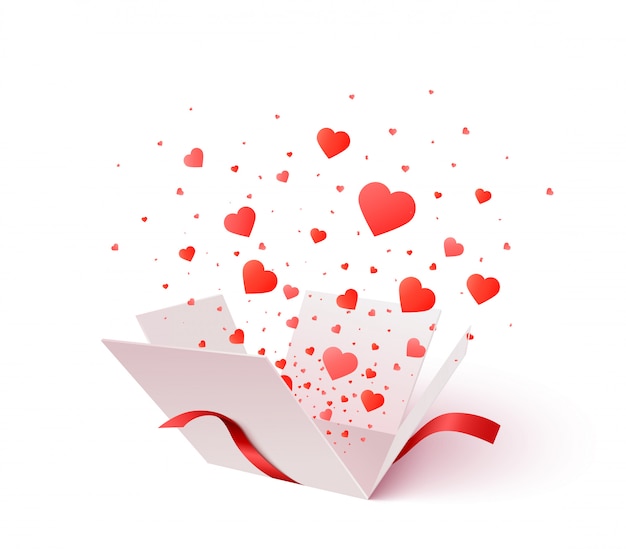 Caja de regalo abierta con explosión de explosión de confeti en forma de corazón. 3d Valentines Day. Regalo romántico