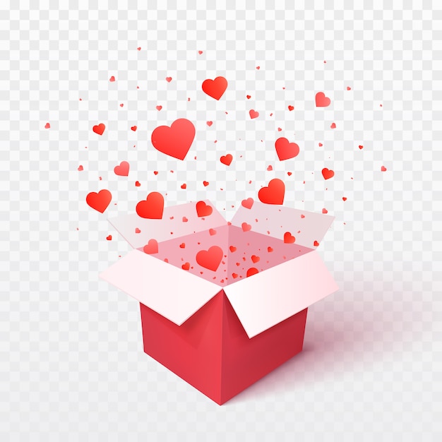 Caja de regalo abierta con explosión de explosión de confeti en forma de corazón. 3d Valentines Day. Regalo romántico