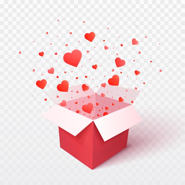 Caja de regalo abierta con explosión de explosión de confeti en forma de corazón. 3d valentines day. regalo romántico