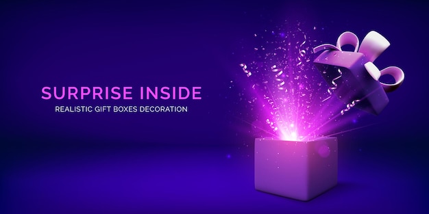 Caja de regalo abierta y fuegos artificiales de luz mágica. Banner de vacaciones de Navidad con caja sorpresa y confeti. Ilustración vectorial