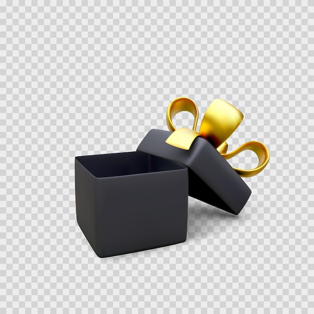 Caja de regalo abierta con lazo y cinta dorada. Elemento de diseño de decoración de caja presente 3D. Ilustración de vector aislado sobre fondo transparente