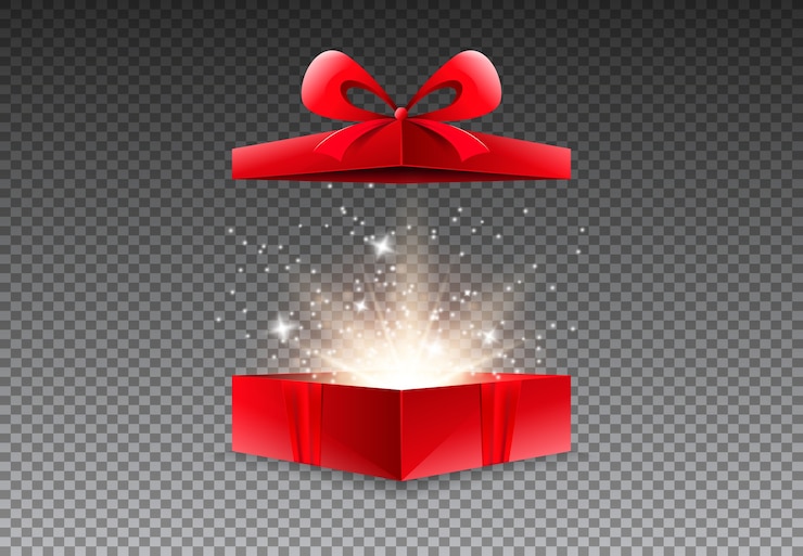 Vector caja de regalo abierta con lazo rojo y cinta.
