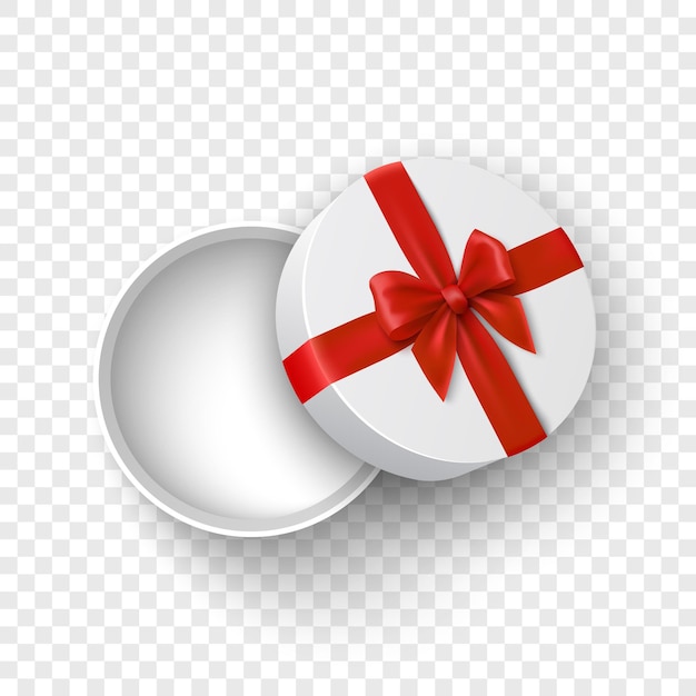 Caja de regalo abierta redonda blanca con lazo rojo