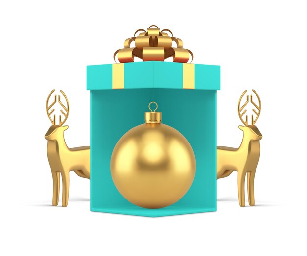 Caja de regalo abierta turquesa de lujo, juguete de bola, venado decorativo, recuerdo de Navidad, vector de icono 3d realista