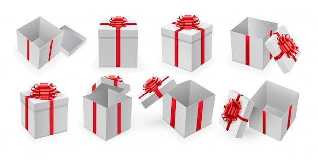 Caja de regalo. Abrir caja actual con cinta roja y vector de arco. Caja de regalo sorpresa para cumpleaños o concepto de vacaciones de Navidad.