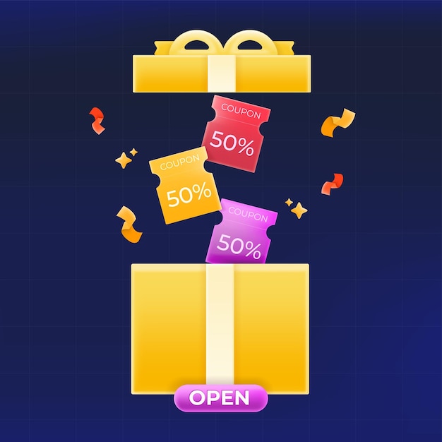 Caja de regalo amarilla 3d contiene 3 50 cupones amarillo púrpura y rojo un botón abierto vector de cupón