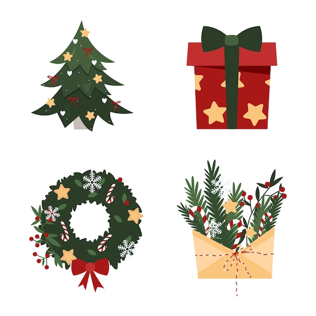 Caja de regalo de árbol de Navidad Sobre de regalo de corona de año nuevo con ramas, elementos navideños aislados y pegatinas