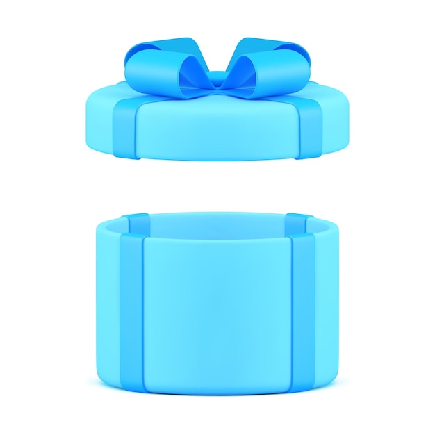 Caja de regalo azul abierta con lazo y cilindro de cinta envuelto sorpresa contenedor d objeto vector realista