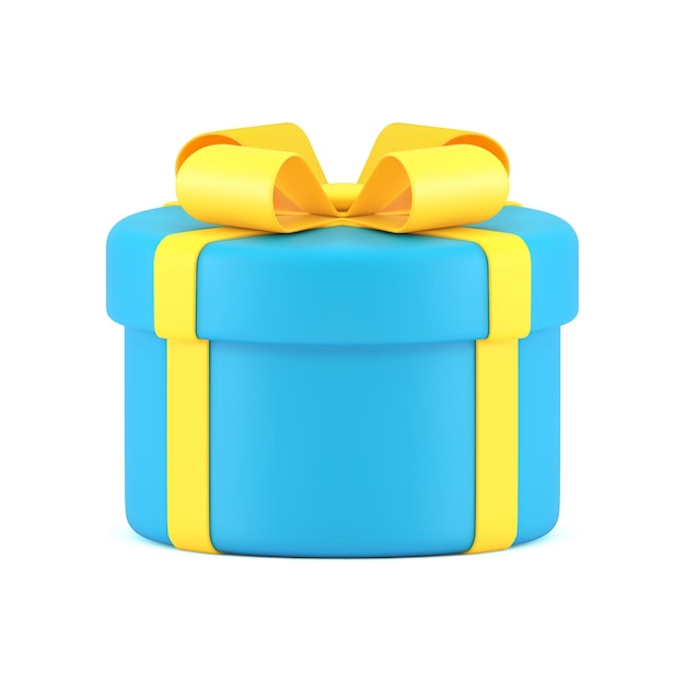 Caja de regalo azul con lazo amarillo y cilindro de cinta envuelto contenedor sorpresa objeto 3d ilustración vectorial realista